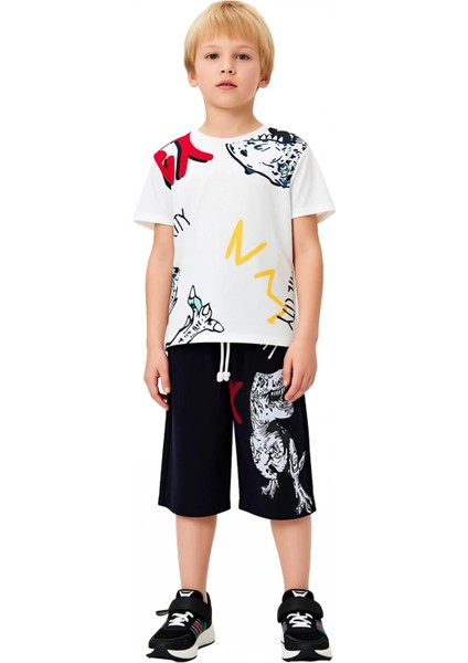 Erkek Çocuk Dinozor Desenli Pamuklu Bisiklet Yaka Kısa Kollu T Shirt ve Şort Takımı Kaliteli fırsatları
