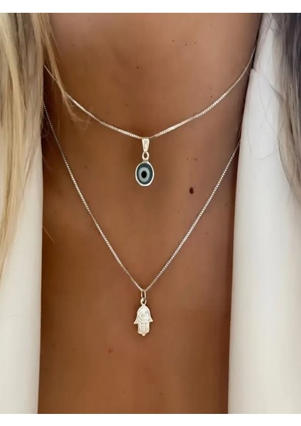 Gümüş Rengi Nazar Boncuklu Kolye