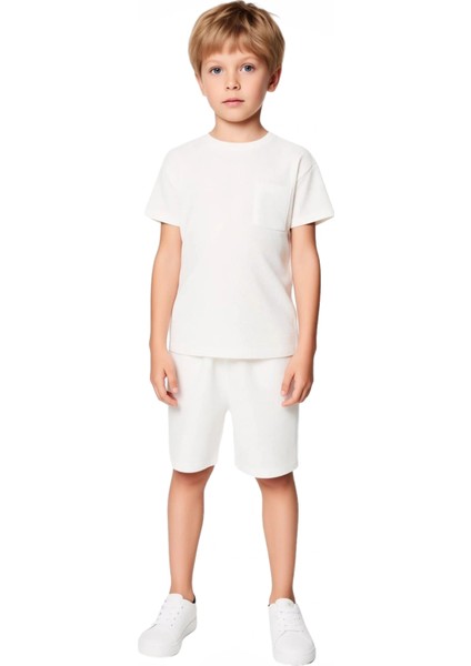 Erkek Çocuk Dokulu Örme Bisiklet Yaka Kısa Kollu Tişört ve Şort Takımı Kaliteli Şık Rahat fırsatları