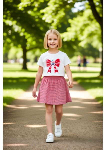 Kız Çocuk Pamuklu Üst ve Etek Takımı Sevimli Ayıcık ve Fiyonk Baskılı Kaliteli Şık Rahat