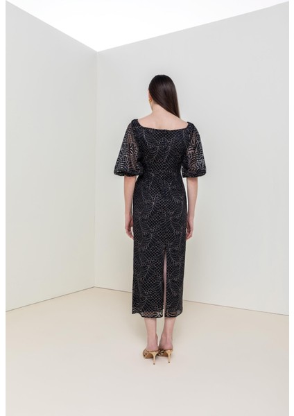 Kare Yaka Midi Elbise 26W40849