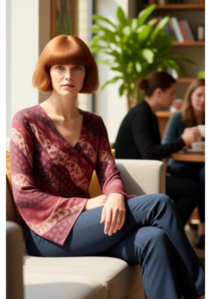 Kadın Etnik Desenli V Yaka Ispanyol Kol Esnek Örme Bluz Kaliteli Şık Rahat Modern Zarif Günlük fiyatları