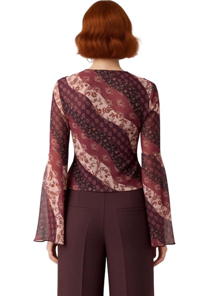 Kadın Etnik Desenli V Yaka Ispanyol Kol Esnek Örme Bluz Kaliteli Şık Rahat Modern Zarif Günlük fırsatları