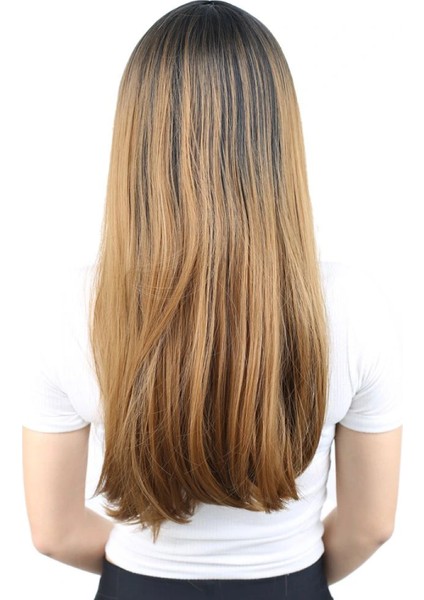 Fiber Sentetik Uzun Düz Peruk - Siyah / Karamel Ombreli fırsatları