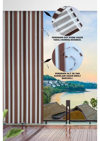 Kahve Beyaz Çizgili Su Geçirmez Kornişli Bağcıklı Balkon Perdesi Branda Enxboy fiyatları