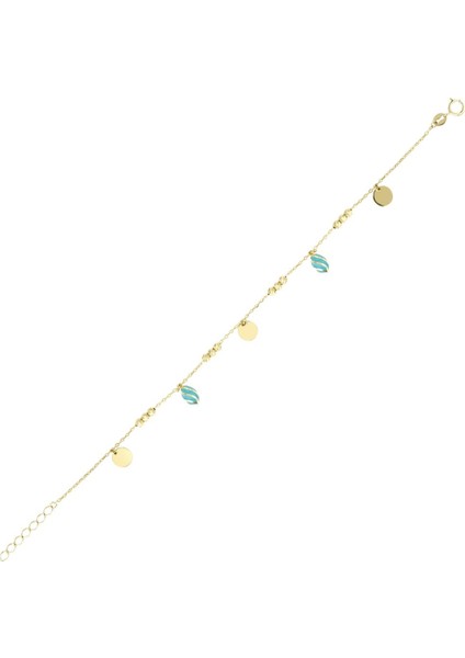 14 Ayar Mavi Renkli Dome Tasarım Altın Bileklik