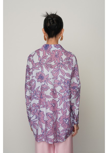 Kadın Mavi Renk Çiçek Desenli Oversize Kesim Gömlek indirimleri