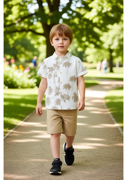 Erkek Çocuk Yazlık Tropikal Baskılı Gömlek ve Şort Kombinasyonu Kaliteli Şık Rahat modelleri