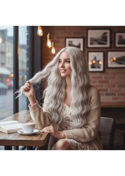 Uzun Su Dalgası Fiber Sentetik Peruk / Küllü Beyaz