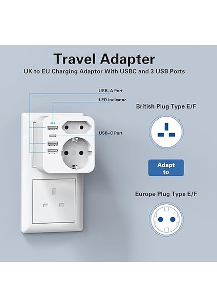 Seyahat Adaptörü Uk Ingiltere Almanya Fişi 4 USB 3.4A, Tip G Priz Adaptörü Irlanda, Dubai, Maldivler Için fiyatları