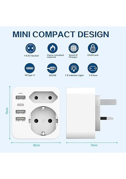 Seyahat Adaptörü Uk Ingiltere Almanya Fişi 4 USB 3.4A, Tip G Priz Adaptörü Irlanda, Dubai, Maldivler Için modelleri