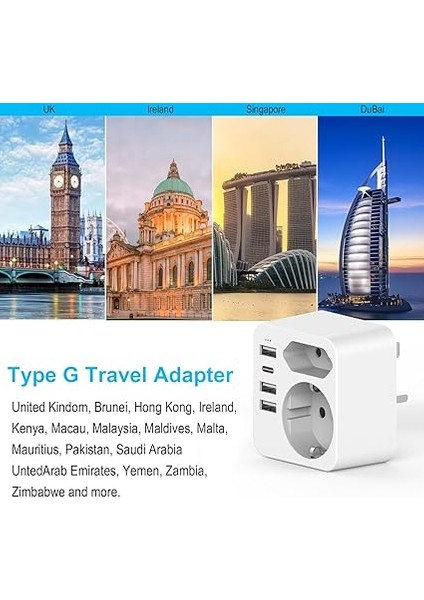 Seyahat Adaptörü Uk Ingiltere Almanya Fişi 4 USB 3.4A, Tip G Priz Adaptörü Irlanda, Dubai, Maldivler Için fırsatları