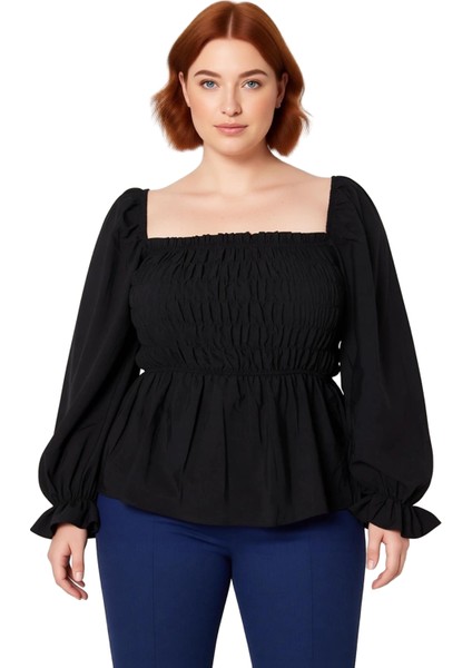 Kadın Moda Şık Büyük Beden Crop Kare Yaka Büzgülü/fırfırlı Kol Fitted Kalıp Dokuma Gipeli Bluz fiyatları