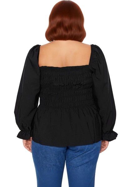 Kadın Moda Şık Büyük Beden Crop Kare Yaka Büzgülü/fırfırlı Kol Fitted Kalıp Dokuma Gipeli Bluz modelleri