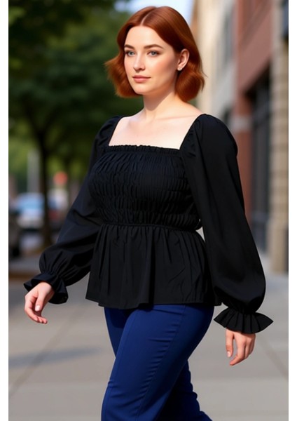 Kadın Moda Şık Büyük Beden Crop Kare Yaka Büzgülü/fırfırlı Kol Fitted Kalıp Dokuma Gipeli Bluz fırsatları