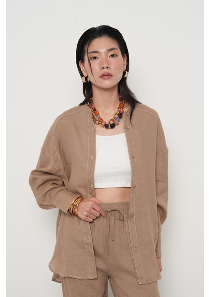 Kadın %100 Keten Hakim Yaka Ip Detaylı Gömlek fiyatları