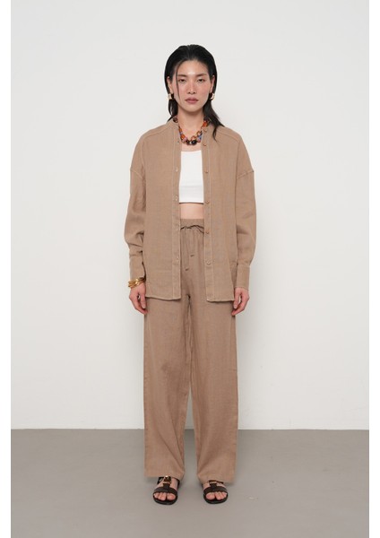 Kadın %100 Keten Hakim Yaka Ip Detaylı Gömlek fırsatları