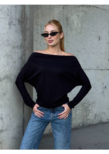Yarasa Kol Geniş Yaka Siyah Bluz Bol Kesim Likralı Kumaş Düşük Omuz Üst fırsatları