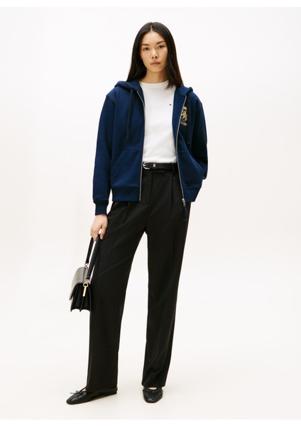 Kapüşon Yaka Nakışlı Mavi Kadın Sweatshırt WW0WW46126C1G