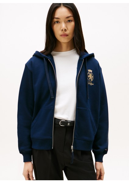 Kapüşon Yaka Nakışlı Mavi Kadın Sweatshırt WW0WW46126C1G fiyatları