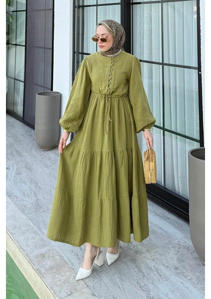 Bel Büzgülü Tesettür Elbise Çağla Yeşili
