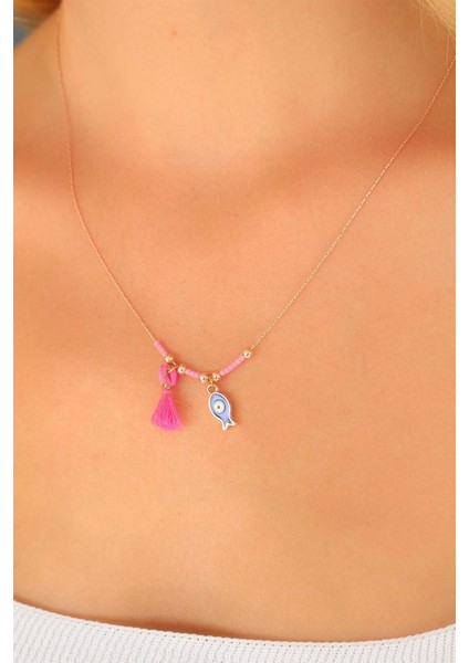 Bfs Nazar Boncuklu Pembe Renk Taşlı Rose Bayan Kolye