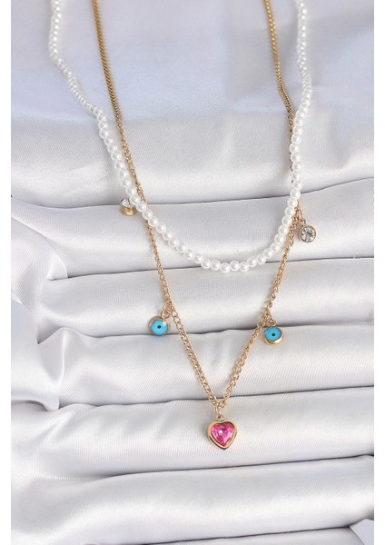 Bfs 316L Çelik Gold Renk 2'li Inci Zincir Model Pembe Taşlı Kalp Figür Nazar Boncuk Detay Kadı fiyatları