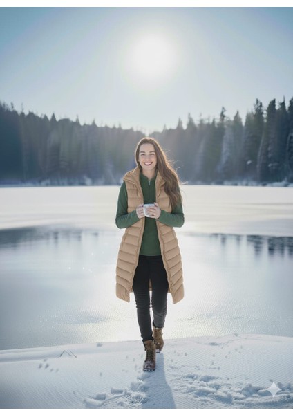 Kmk Kombin Kadın Uzun Önü Fermuarlı Kapişonlu Şişme Yelek