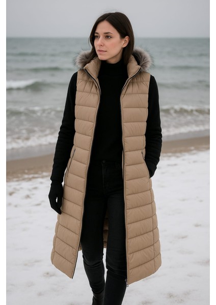 Kmk Kombin Kadın Uzun Önü Fermuarlı Kapişonlu Şişme Yelek modelleri