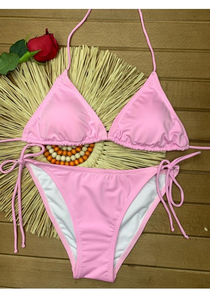Kadın Likralı Yandan Boyundan Bağlamalı Şık Ipli Üçgen Bikini Takım
