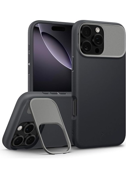Caseology iPhone 16 Pro Max ile Uyumlu Silikon Magsafe Kılıf Nano Pop Mag Stand'lı Hava Kanalı Teknolojisi Askeri Sınıf Koruma Black Sesame Kaymaz Kapak - ACS08057