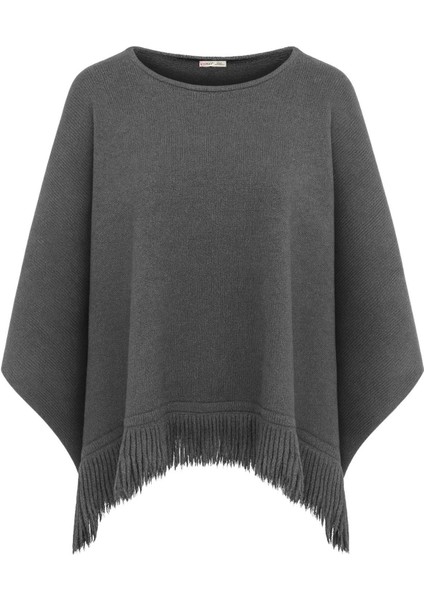 6987 Kadın Püskül Detaylı Triko Panço Kazak Antrasit