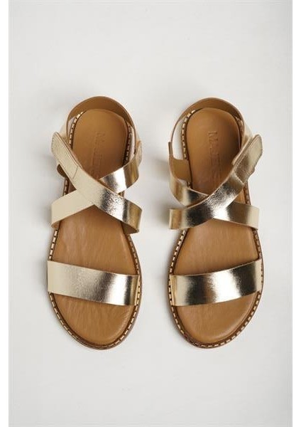 151310 Rahat Düz Sandalet Hakiki Deri Altın modelleri