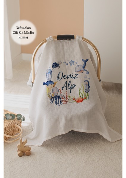 %100 Pamuk Isme Özel Çift Katlı Müslin Puset Örtüsü - Deniz Canlıları