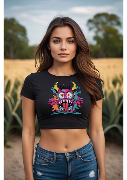 Cute Little Monster Baskılı Siyah Crop Top