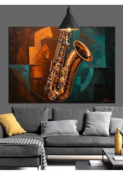 Altın Saksafon Enstrüman Müzik Dekoratif Kanvas - Mdf Ahşap Tablo
