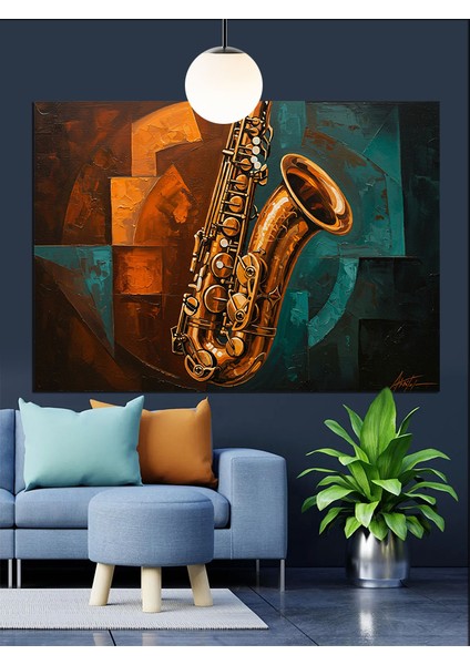 Altın Saksafon Enstrüman Müzik Dekoratif Kanvas - Mdf Ahşap Tablo fırsatları
