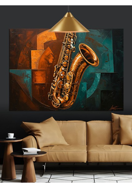 Altın Saksafon Enstrüman Müzik Dekoratif Kanvas - Mdf Ahşap Tablo indirimleri