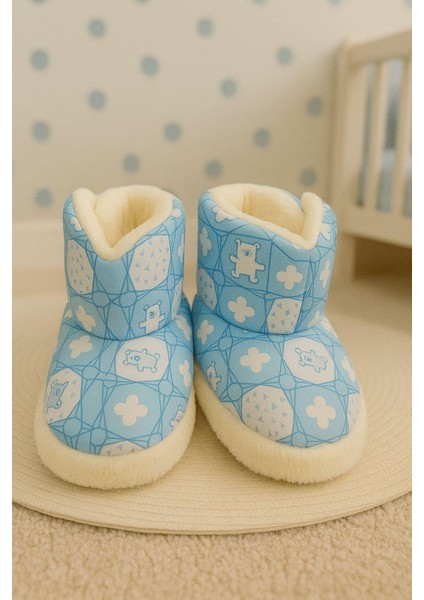 Bebek & Çocuk Kaydırmaz Eva Tabanlı Ev Botu / Panduf / Kışlık Peluş Bot / Erkek Baskı Desenli