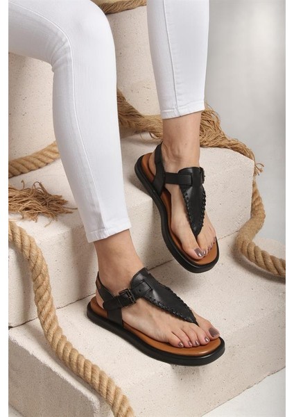 131300 Parmak Arası Günlük Sandalet Hakiki Deri Siyah