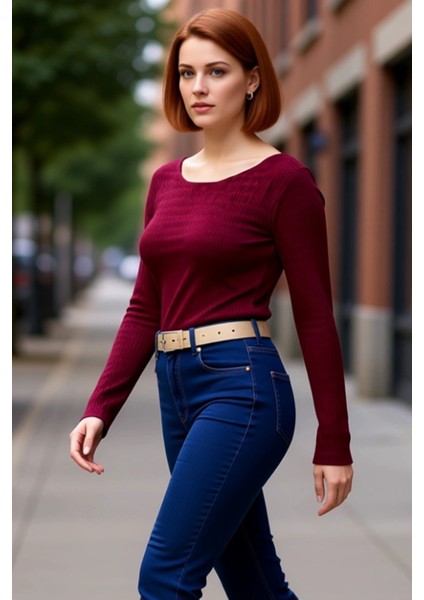 Kadın Vücuda Oturan Dokulu Esnek Örme Uzun Kollu Kaliteli Şık Rahat Modern Zarif Günlük