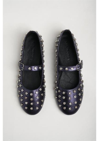 151228 Taş Detaylı Babet Hakiki Deri Lacivert modelleri