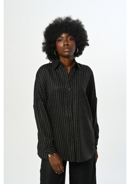 Kadın Çizgili Desenli Düz Renk Oversize Kesim Gömlek