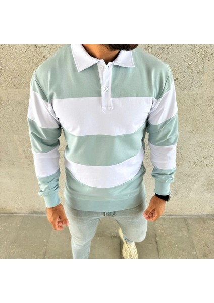 Erkek Polo Yaka Uzun Kollu Çizgili Sweatshirt Trend Rugby Stil - Çağla Yeşili fiyatları