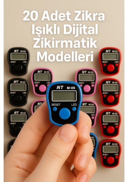 Zikra 20 Adet Karışık Renk Işıklı Dijital Zikirmatik – Yüzük Tipi Tesbih Sayaç