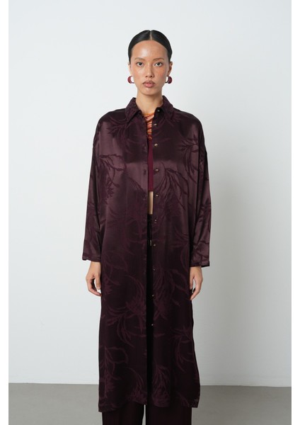 Kadın Bordo Renk Yaprak Desenli Uzun Tunik Tesettür Gömlek - Elbise