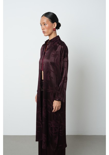 Kadın Bordo Renk Yaprak Desenli Uzun Tunik Tesettür Gömlek - Elbise fiyatları