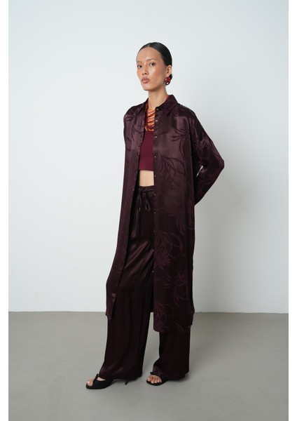 Kadın Bordo Renk Yaprak Desenli Uzun Tunik Tesettür Gömlek - Elbise modelleri