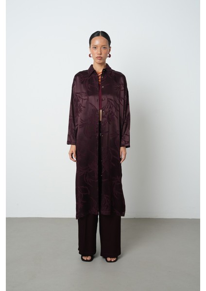 Kadın Bordo Renk Yaprak Desenli Uzun Tunik Tesettür Gömlek - Elbise fırsatları