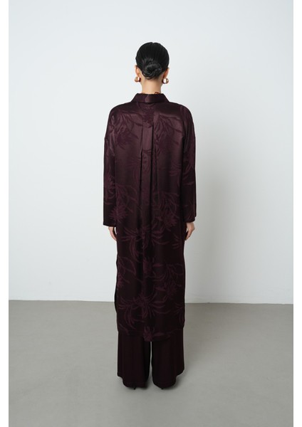 Kadın Bordo Renk Yaprak Desenli Uzun Tunik Tesettür Gömlek - Elbise indirimleri